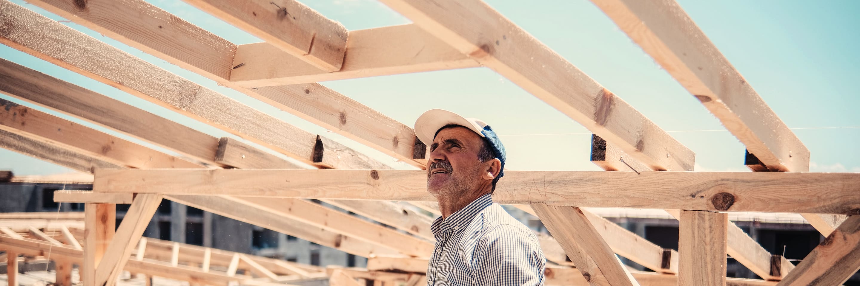 A builder looking up at the rafters of a new timber roof frame on site.