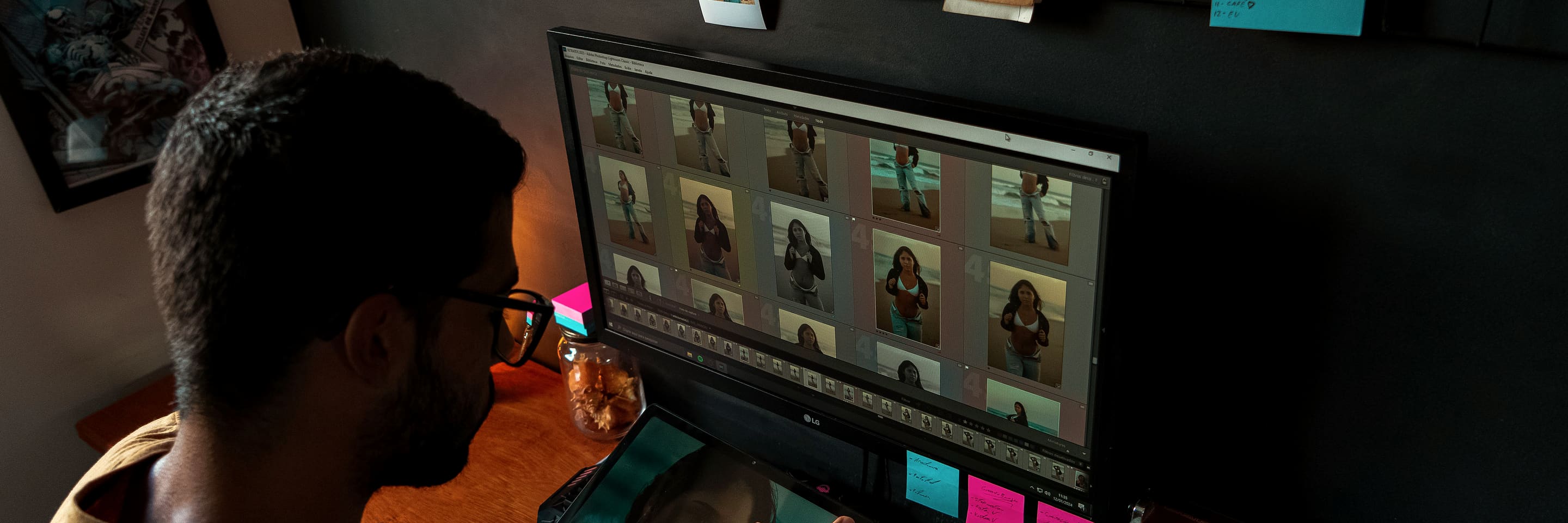 A photographer reviewing a contact sheet of portraits on his monitor in a dark home studio.