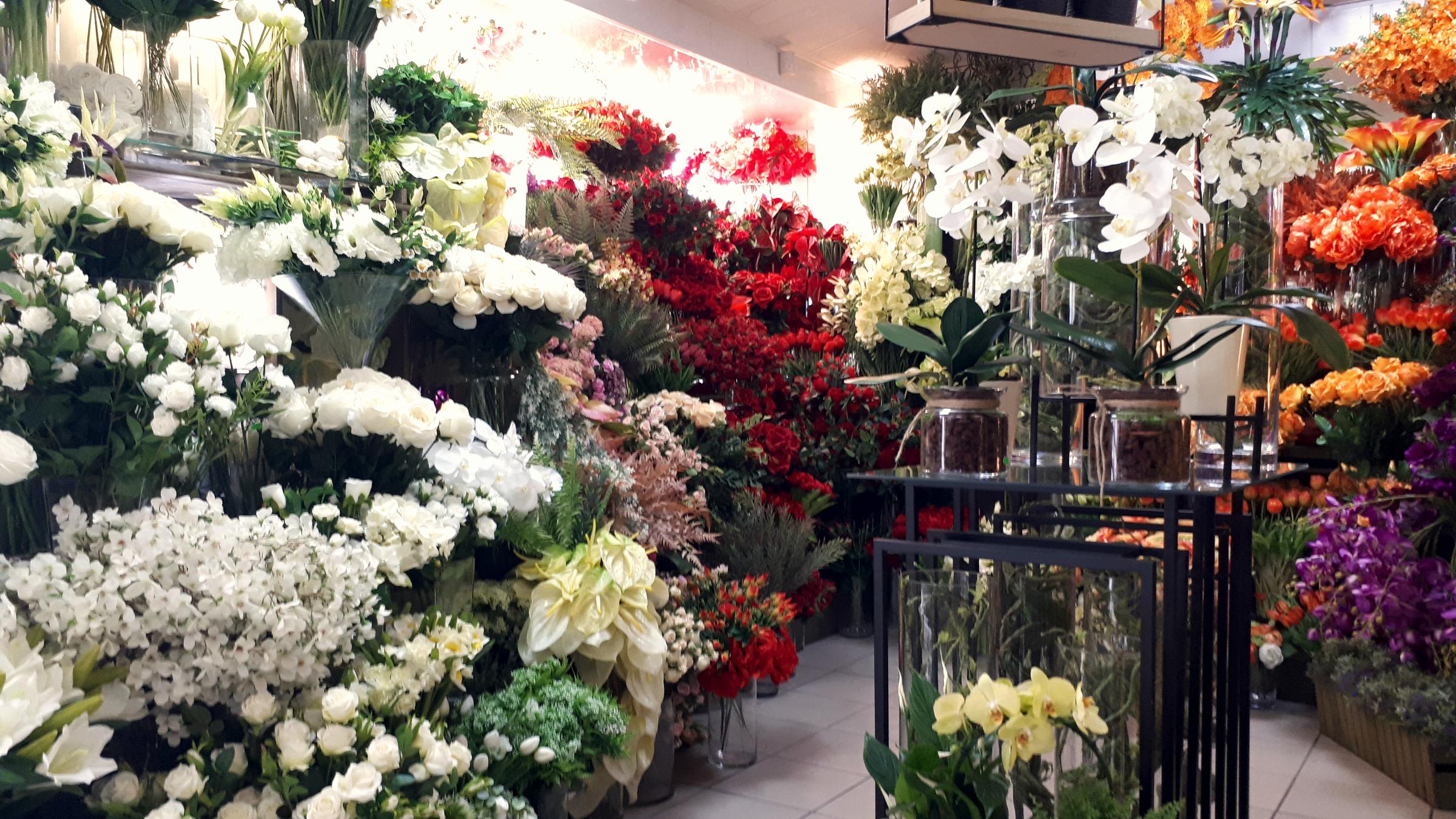 The inside of a small flower shop, banked wall to wall with white lisianthus, red carnations and orchids in glass vases.