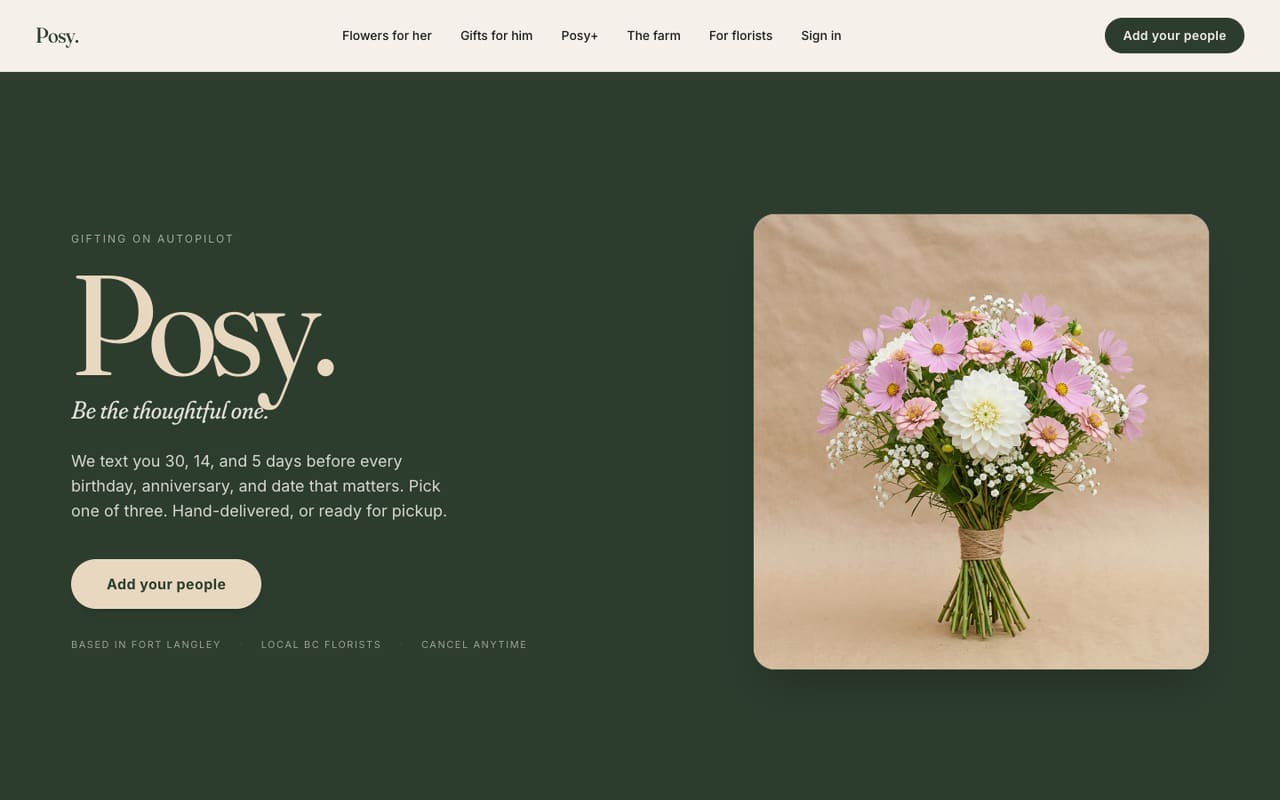 The live homepage of giftposy.com, a site we built, captured by us.