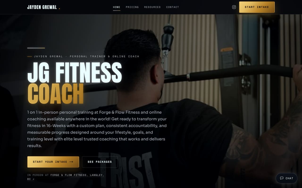 The live homepage of jgfitnesscoach.com, a site we built, captured by us.
