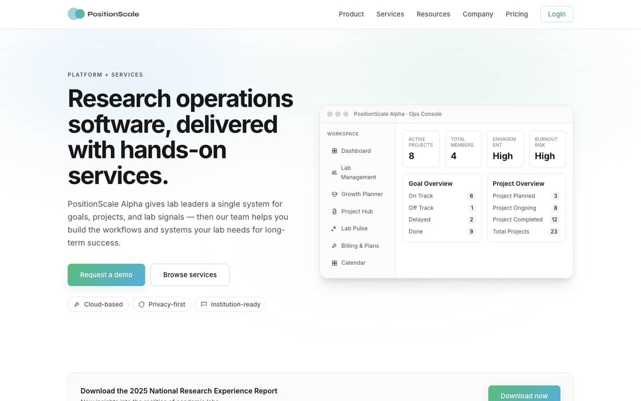 The live homepage of positionscale.com, a site we built, captured by us.