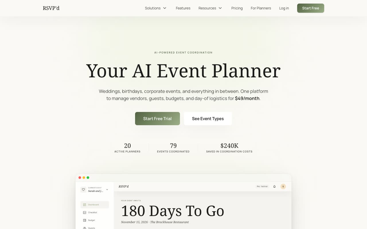 The live homepage of rsvpd.ai, a site we built, captured by us.