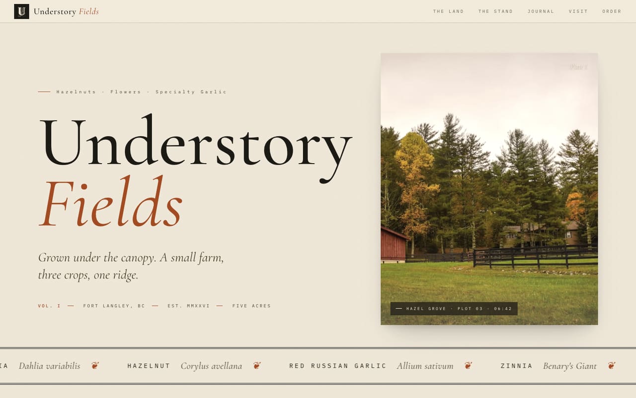 The live homepage of understoryfields.com, a site we built, captured by us.